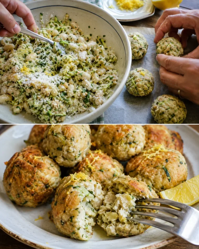 Polpette di cannellini e zucchine al limone su un piatto decorato