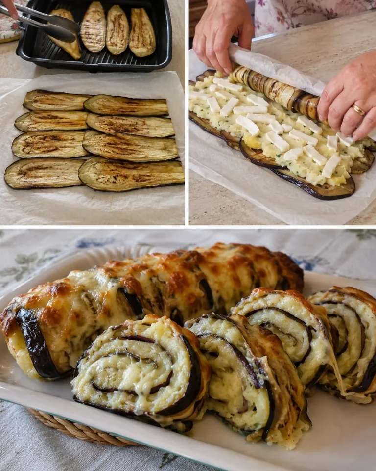 Rotolo di melanzane e patate con mozzarella pronto da servire