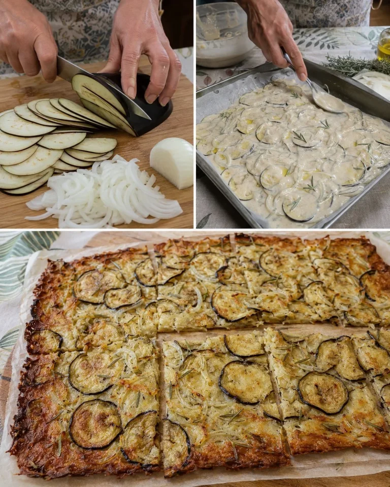 Schiacciata croccante di melanzane e cipolla servita su un piatto