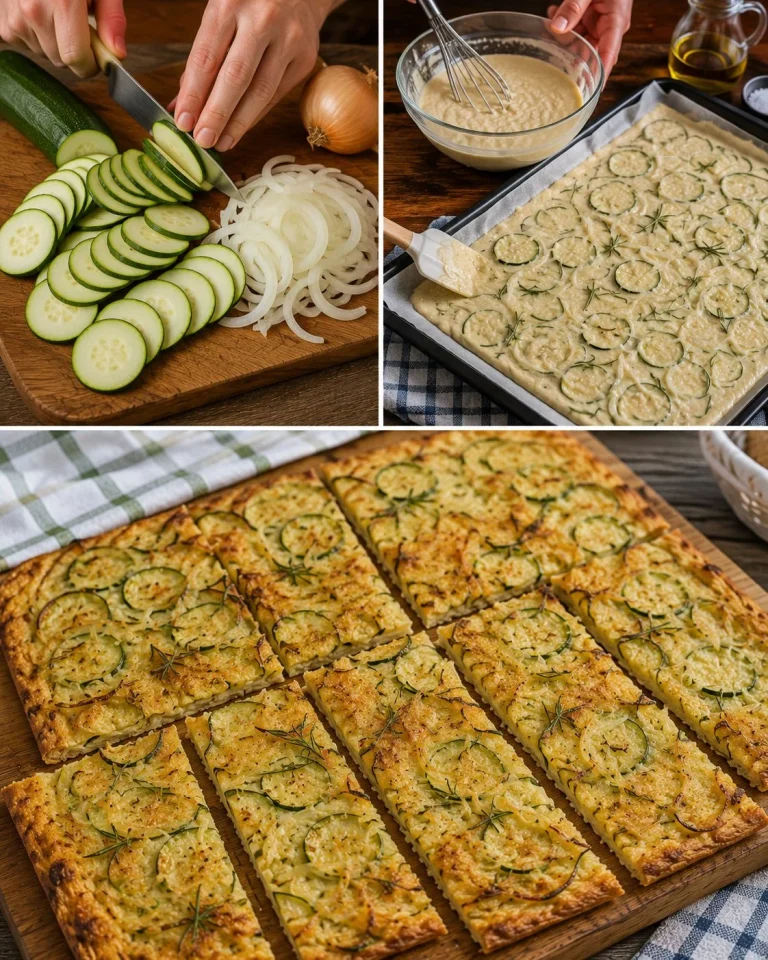 Schiacciata sottile con zucchine e cipolla appena sfornata