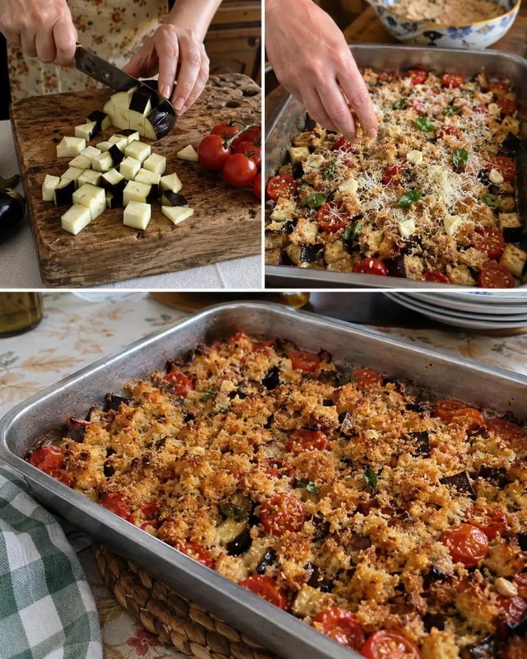 Teglia di melanzane con pomodorini e mollica croccante preparata con ingredienti freschi.