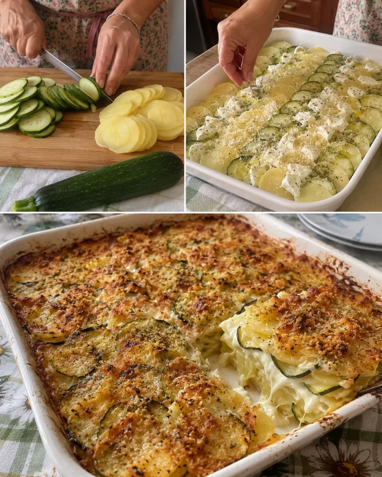 Teglia di zucchine, patate e mozzarella appena sfornata e filante