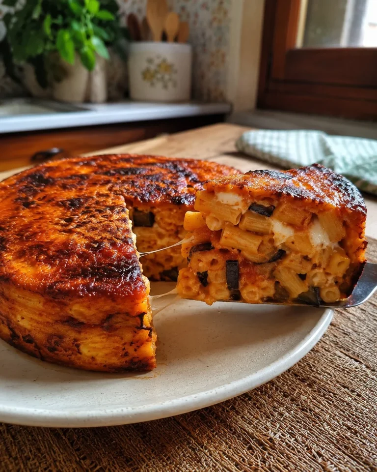 Timballo di pasta e melanzane servito su un piatto colorato.