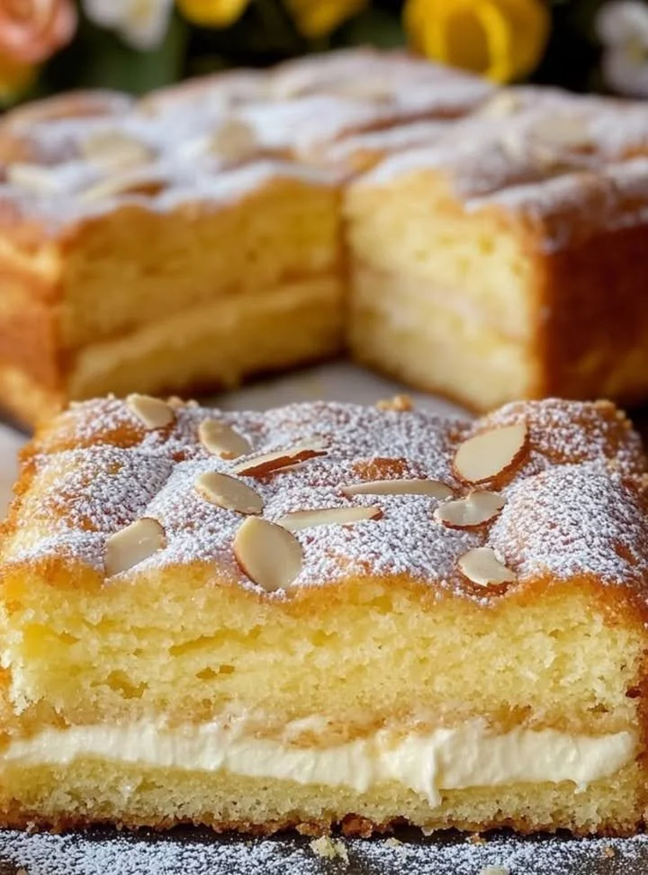 Fetta di torta al limone decorata con zucchero a velo e limoni freschi.