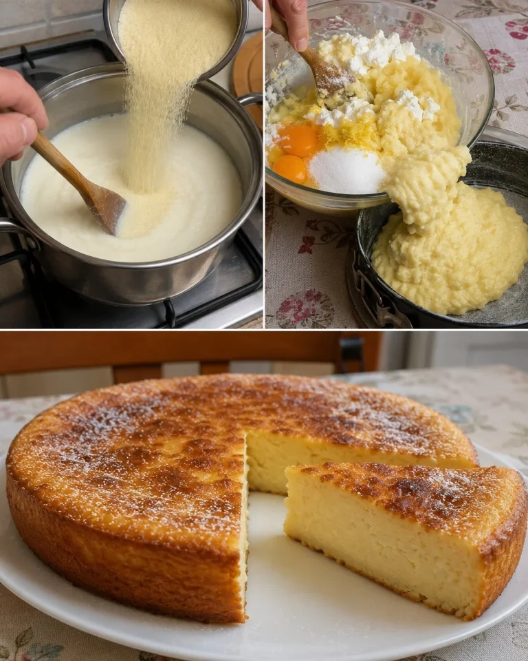 Torta cremosa di ricotta e semolino pronta per essere servita
