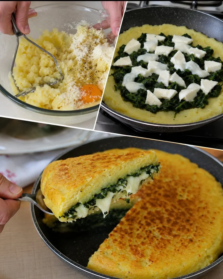 Torta di patate in padella con spinaci e mozzarella dorata e appetitosa
