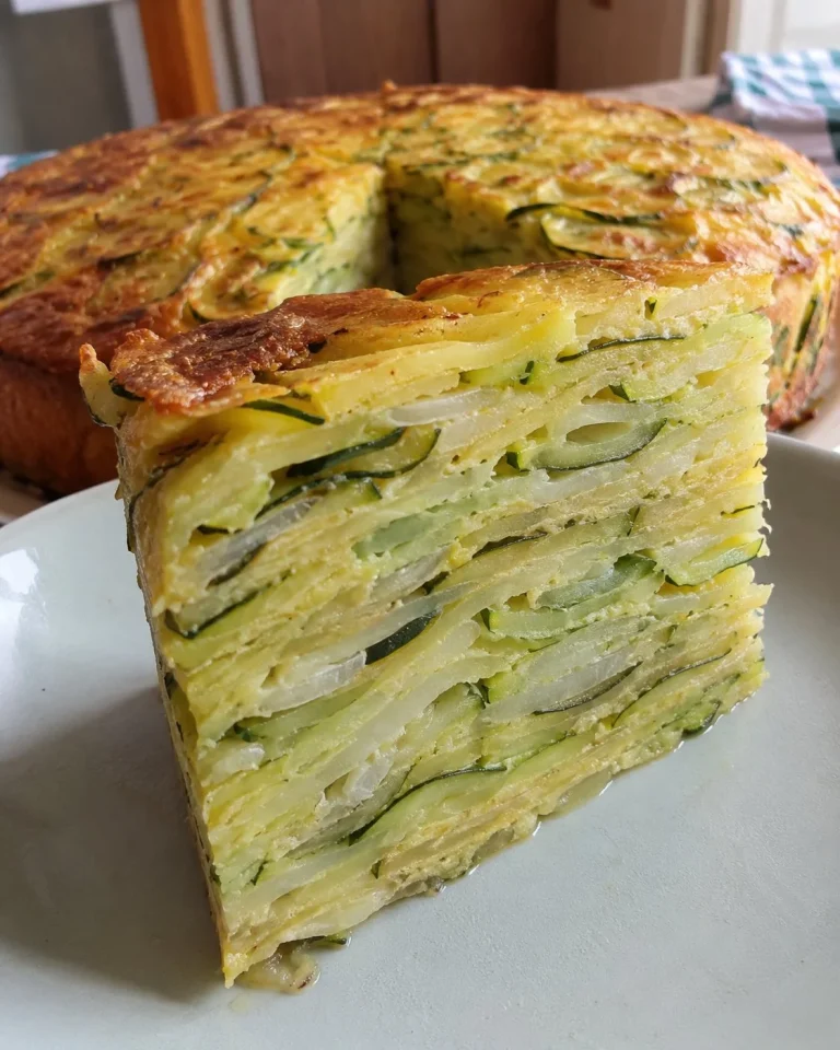 Torta invisibile di zucchine, patate e cipolla appena sfornata