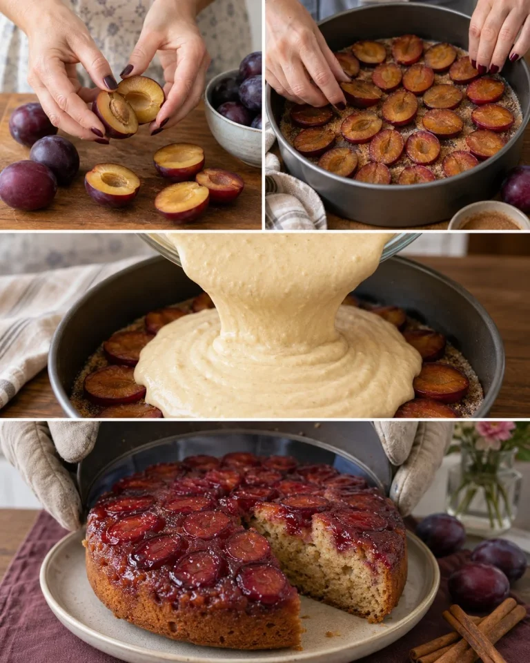 Torta rovesciata alle prugne e cannella, dolce tradizionale italiano.