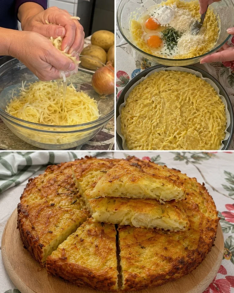Torta salata di patate e cipolle senza pasta sfoglia appena sfornata