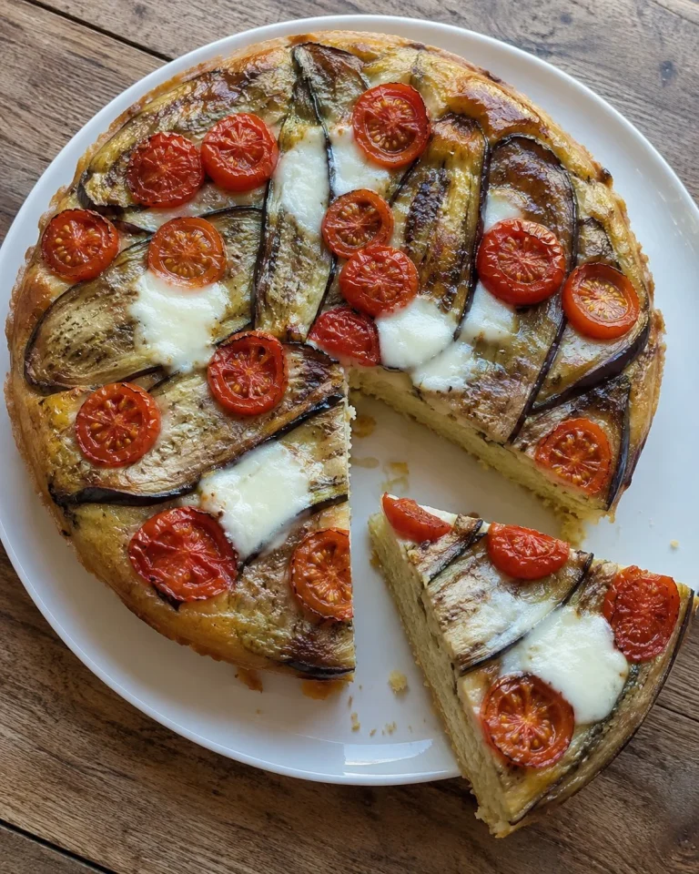 Torta salata rovesciata di melanzane e stracchino servita su un piatto