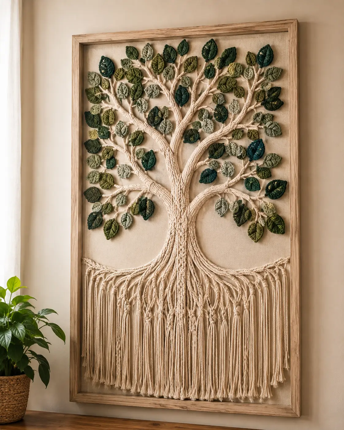 How to Make a Framed Tree Wall Hanging with Crochet Leaves and Macramé Fringe
