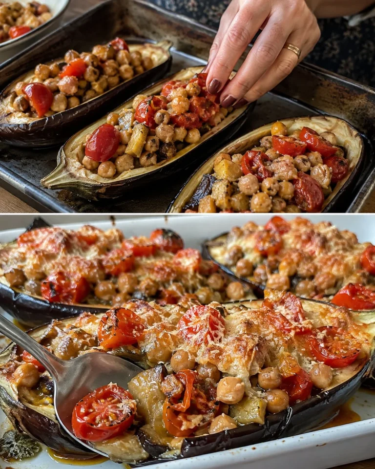 Barchette di melanzane farcite con ceci e pomodorini freschi