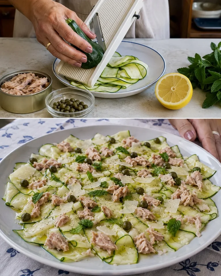 Carpaccio di zucchine con tonno, limone e capperi su un piatto raffinato