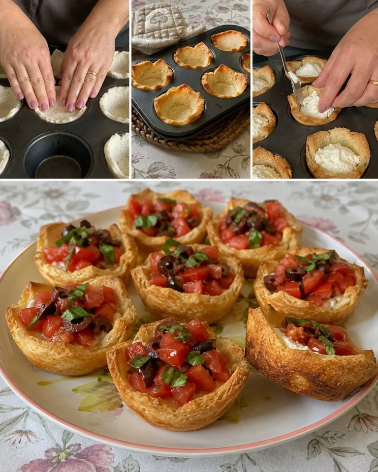 Cestini di pane ripieni di ricotta, pomodorini e olive su un piatto bianco