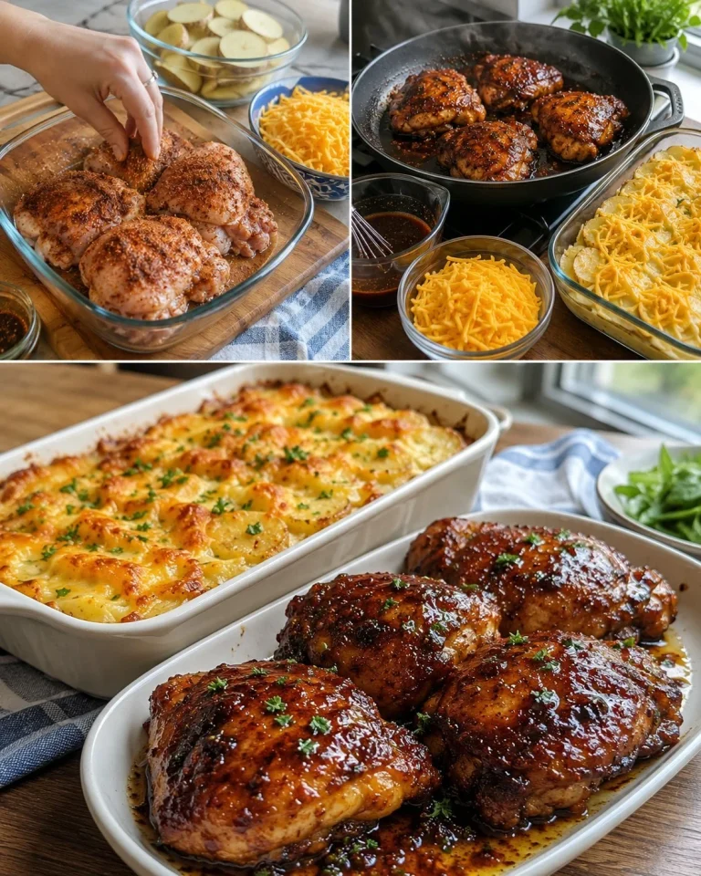 Cosce di pollo glazate servite con patate al formaggio