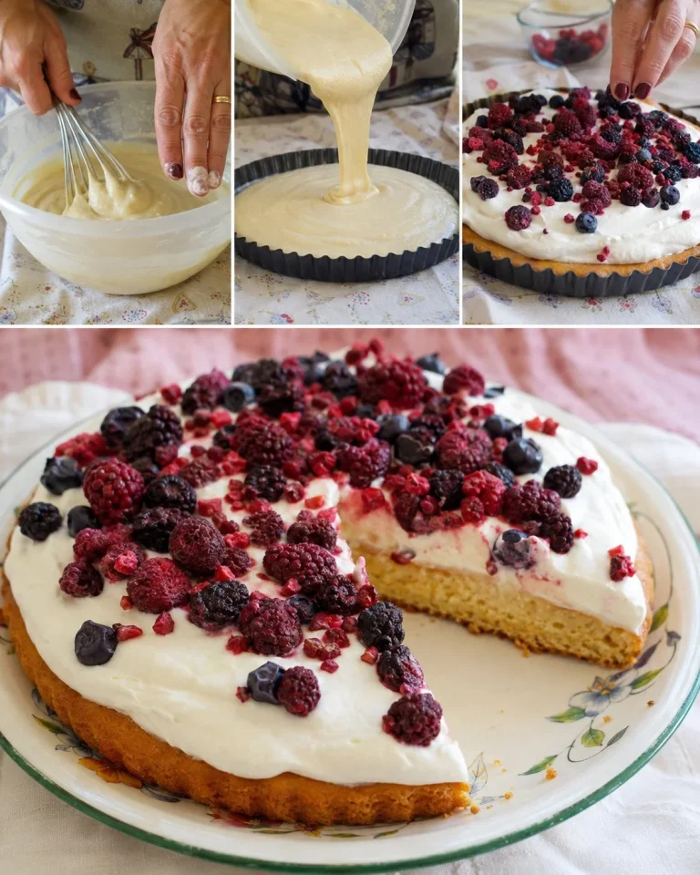 Crostata morbida estiva con crema allo yogurt e frutti di bosco fresca e colorata