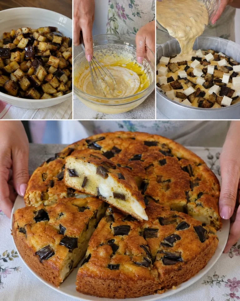 Crostata salata morbida con melanzane e scamorza, piatto rustico italiano.