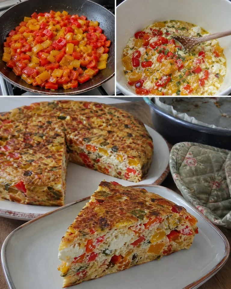 Frittata fredda con peperoni, ricotta e basilico pronta da servire