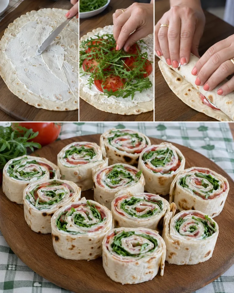 Girelle fredde di piadina farcite con robiola, pomodoro e rucola