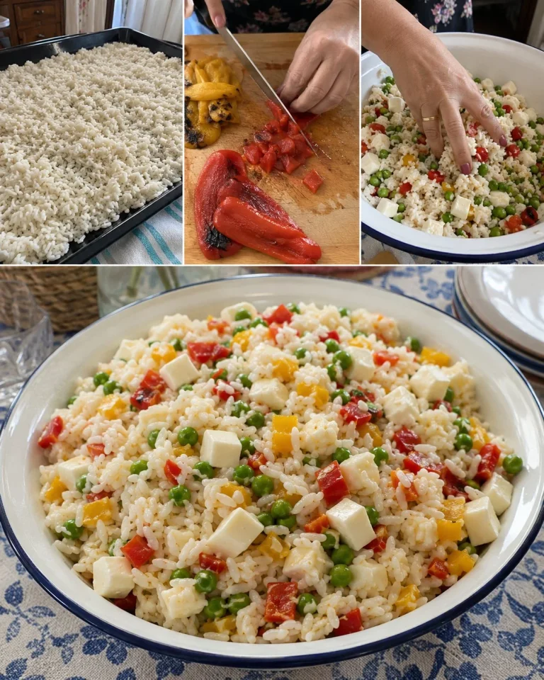 Insalata di riso con peperoni, piselli e mozzarella leggera pronta da servire.