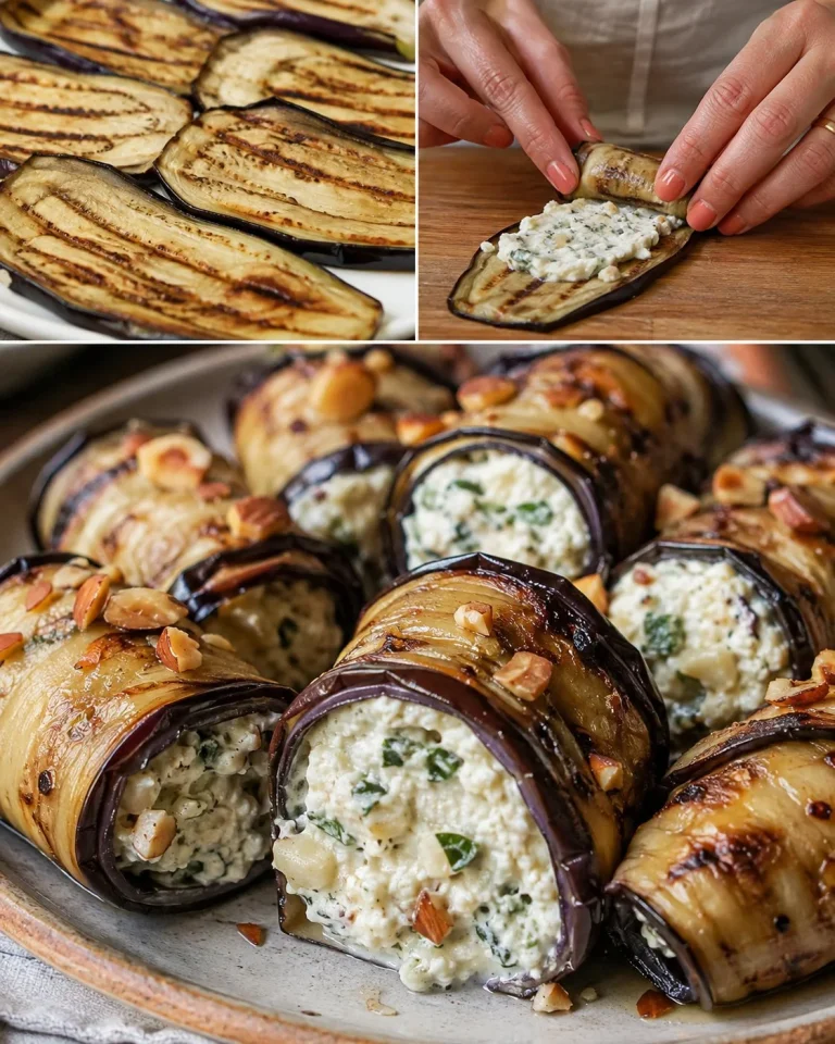 Involtini di melanzane con pesto di ricotta e mandorle in un piatto appetitoso