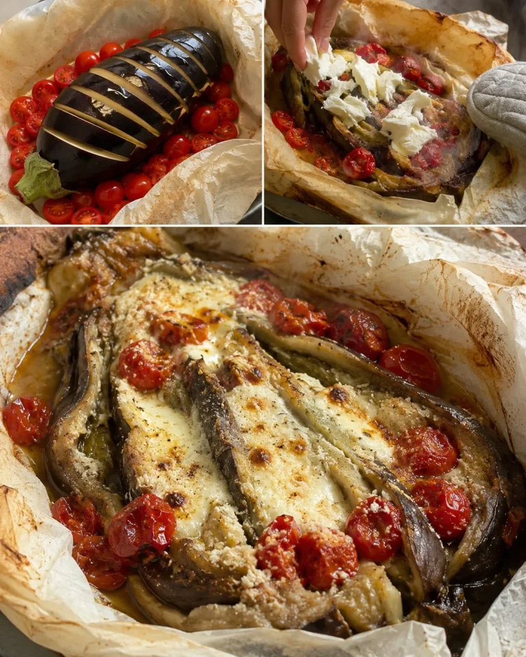 Melanzane al cartoccio con pomodorini e mozzarella in una teglia