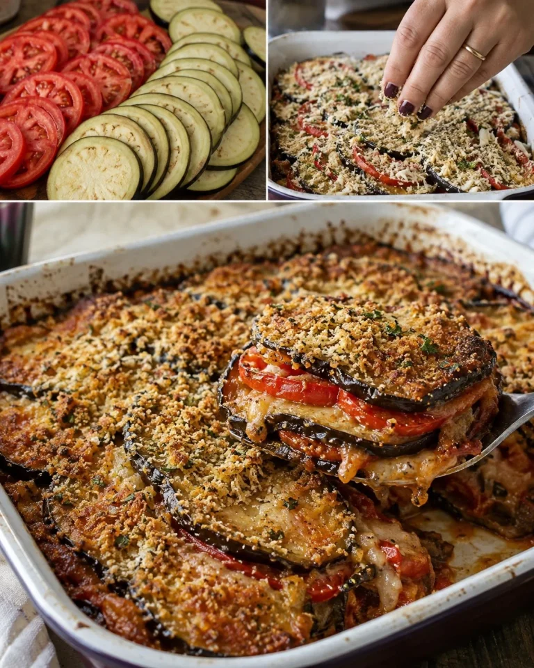 Melanzane e pomodori gratinati a strati pronti per essere serviti