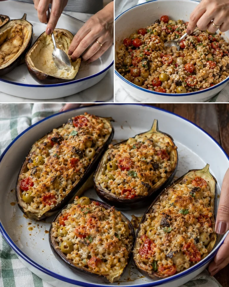 Melanzane ripiene con orzo, pomodoro e pecorino in un piatto delizioso