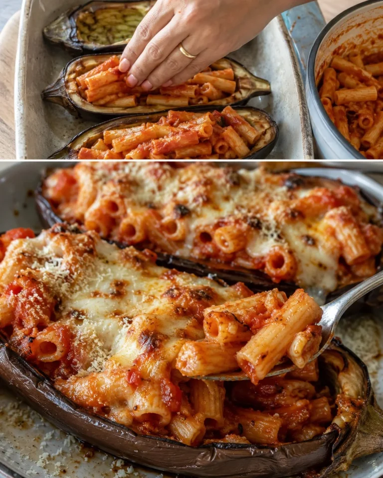 Melanzane ripiene di pasta al pomodoro e mozzarella, piatto italiano invitante
