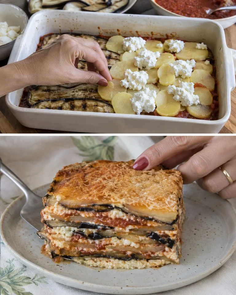 Millefoglie di melanzane, patate e ricotta pronta da servire