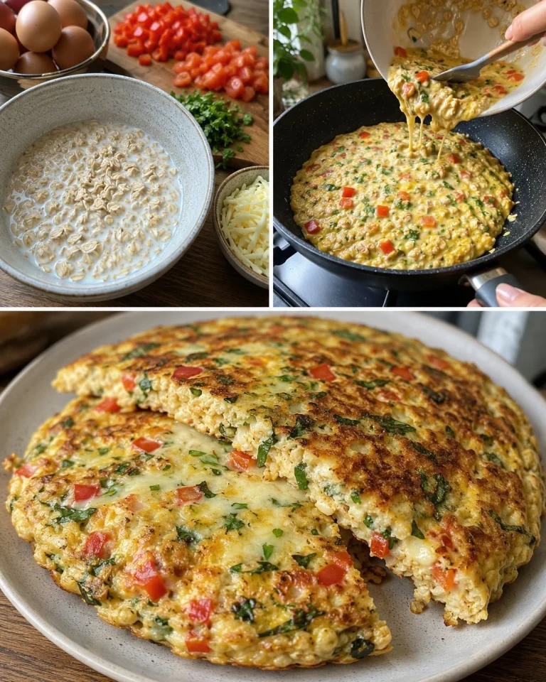 Omelette di avena salata pronta su un piatto con ingredienti freschi