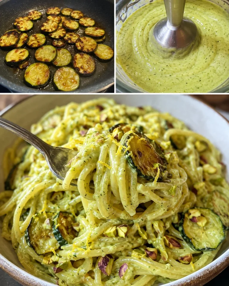 Pasta cremosa con zucchine, limone e pistacchi servita in un piatto elegante.