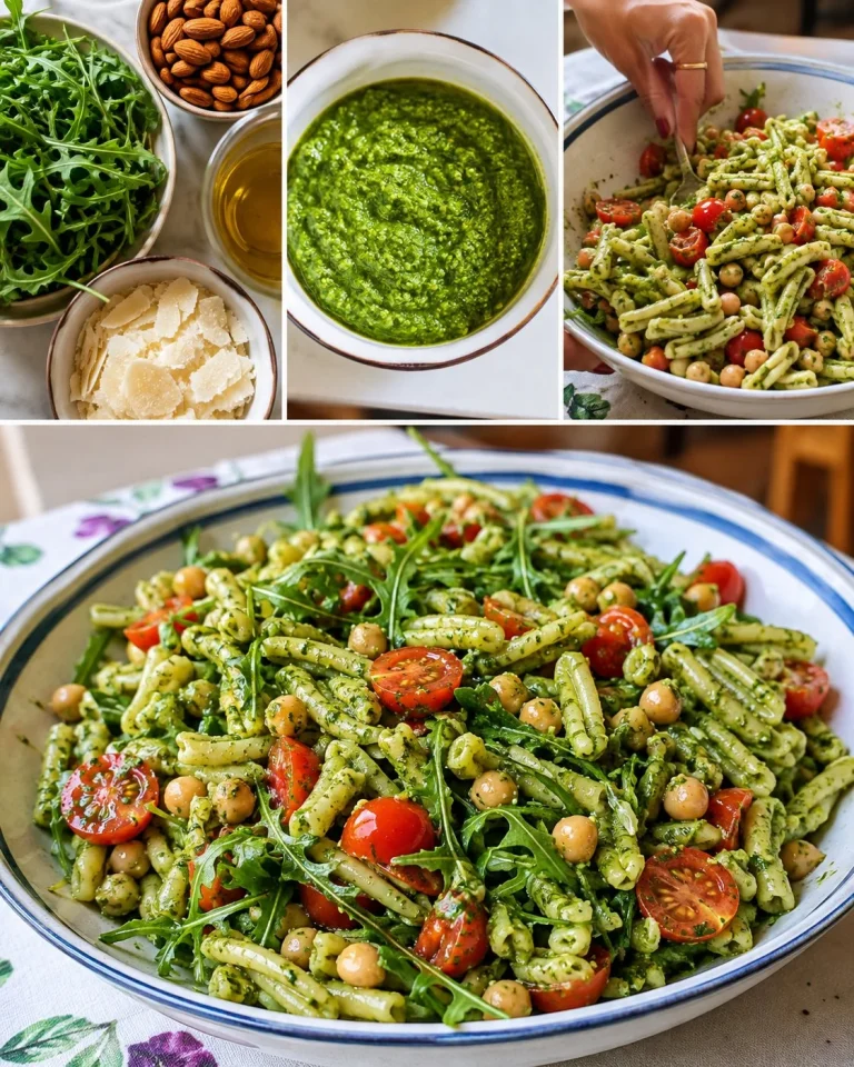 Pasta fredda al pesto di rucola con ceci e pomodorini servita in un piatto.