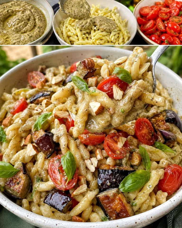 Pasta fredda con pesto di melanzane e mandorle su un piatto colorato
