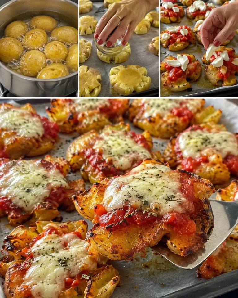 Patate schiacciate alla pizzaiola servite in un piatto elegante.