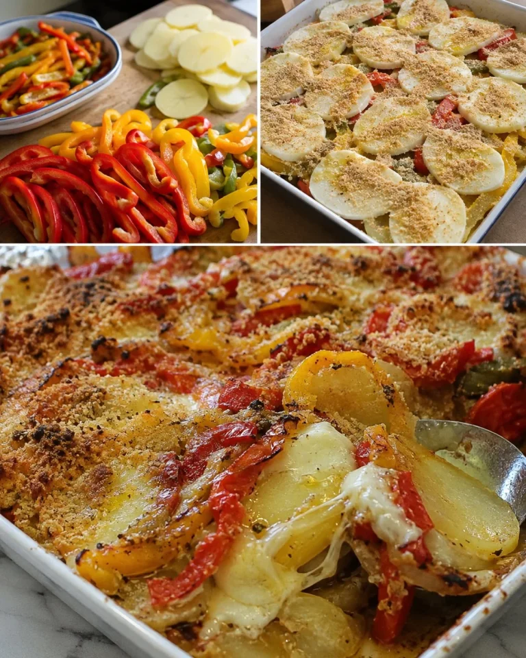 Peperoni gratinati con patate e scamorza, un piatto ricco di sapore e colore.