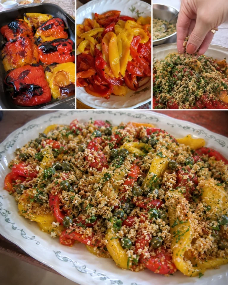 Peperoni gratinati freddi con capperi e mollica su un piatto