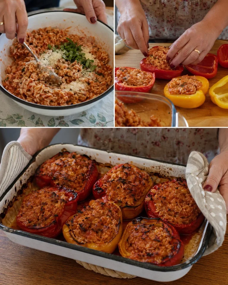 Peperoni ripieni di riso, tonno e basilico appena sfornati.