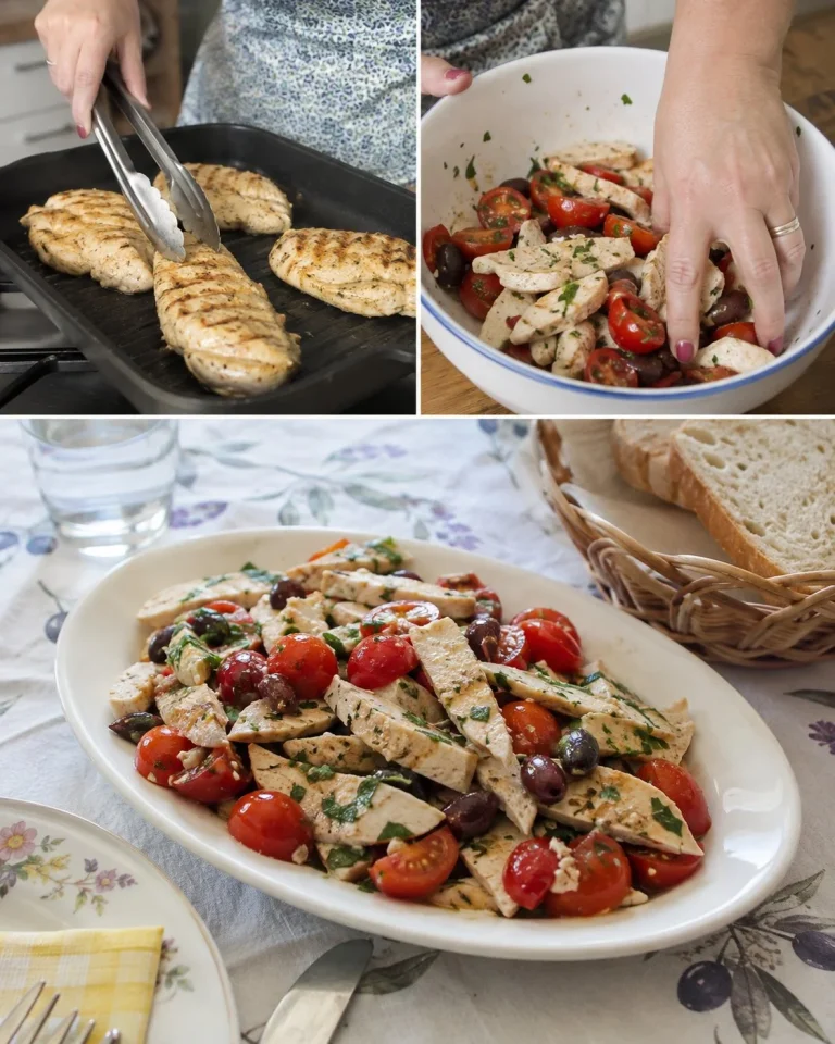 Pollo freddo al limone con pomodorini e olive, piatto estivo fresco