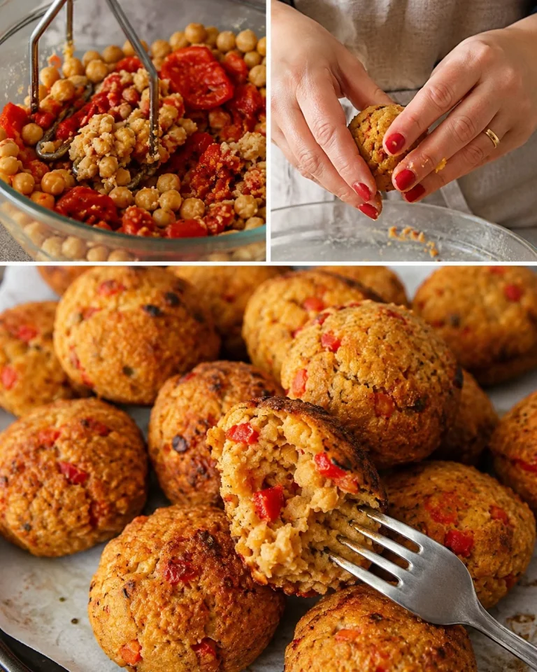 Polpette di ceci e peperoni al forno appena sfornate, piatto vegano e delizioso.