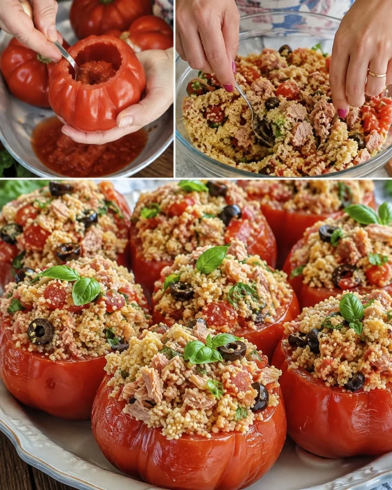 Pomodori ripieni di cous cous, tonno e basilico su un piatto