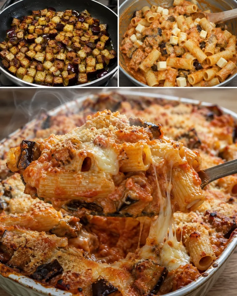 Rigatoni al forno con crema di melanzane e scamorza servito in un piatto.