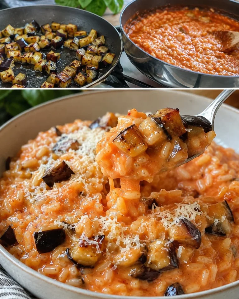 Riso cremoso alle melanzane e pomodoro servito in un piatto colorato