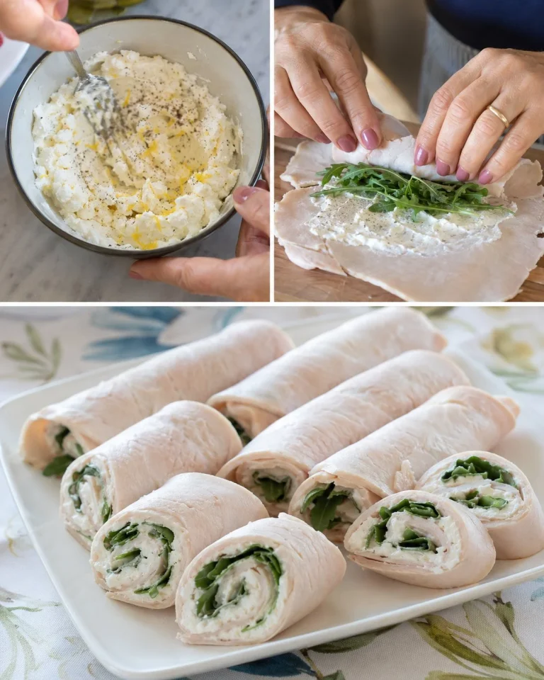 Rotolini di fesa di tacchino farciti con ricotta e rucola su un piatto