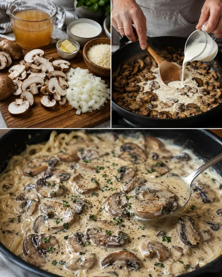 Salsa cremosa di funghi pronta da servire su un piatto.
