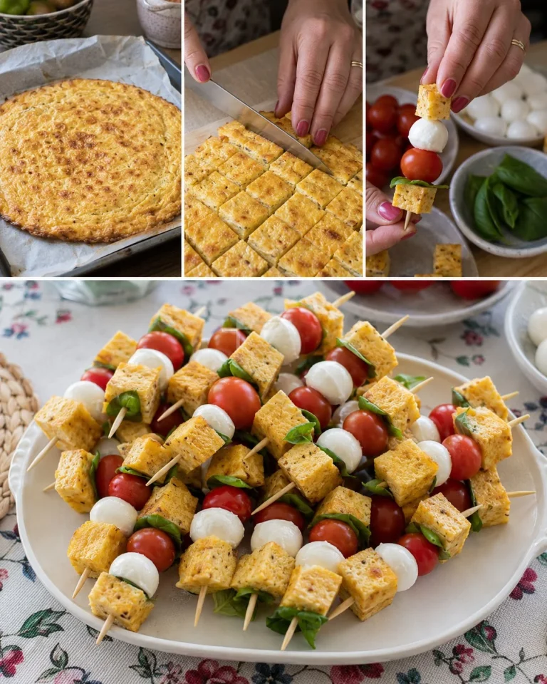 Spiedini di frittata con mozzarella e pomodorini su un piatto elegante