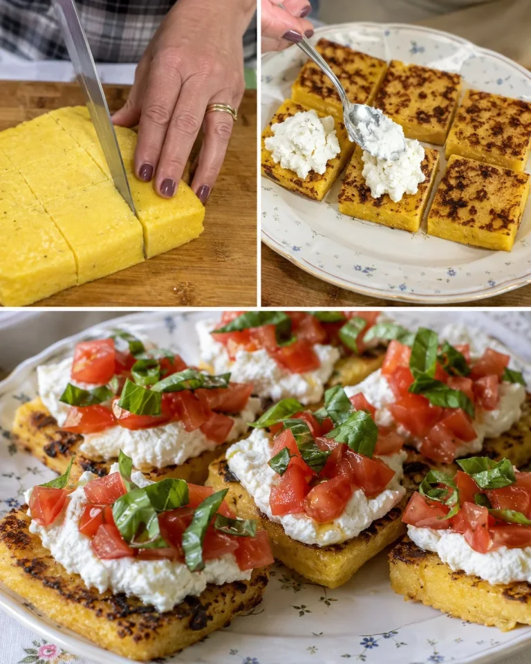 Tartine di polenta fredda con pomodoro e ricotta su un piatto decorativo.