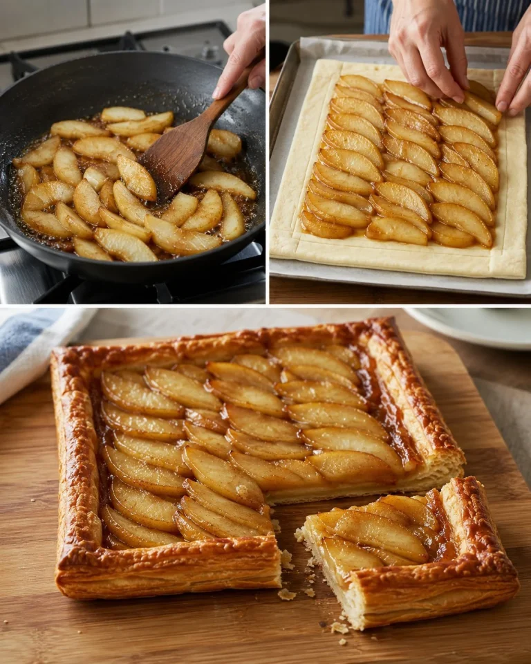 Torta di pasta sfoglia con pere caramellate pronta per essere servita