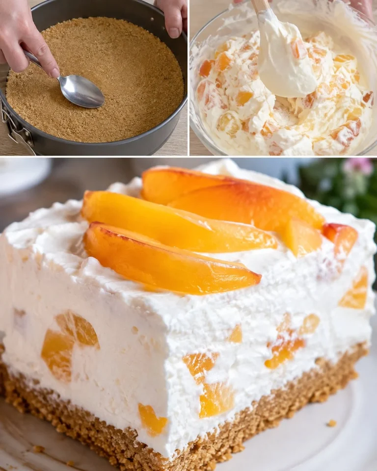 Torta fredda allo yogurt con pesche e biscotti pronta da servire