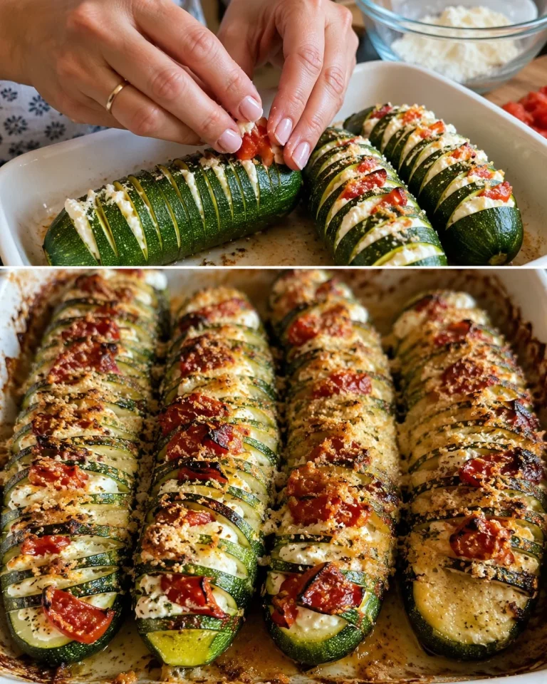 Zucchine a fisarmonica con ricotta e pomodoro in un piatto